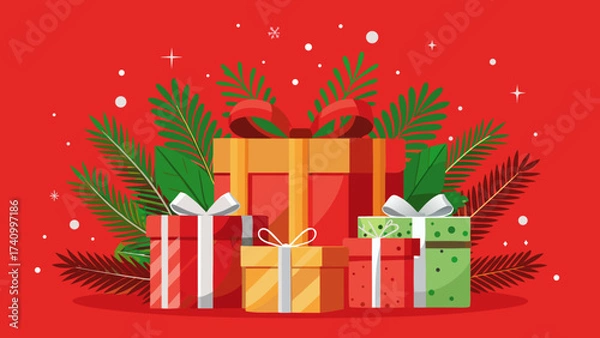 Fototapeta Vector art of festive christmas presents with fir branches and stars on a red background, perfect for holiday greetings and seasonal promotions and celebrations