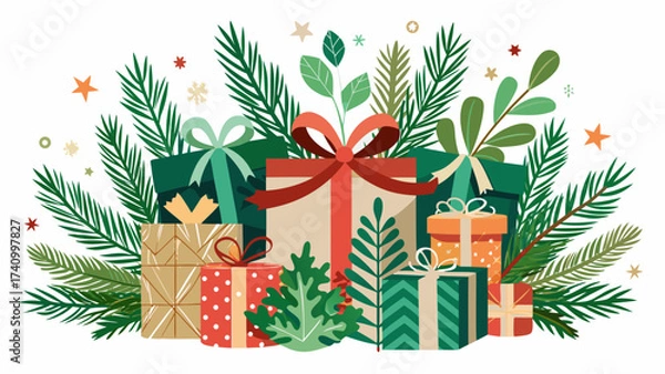Fototapeta Vector art of festive christmas gifts arrangement, adorned with fir branches, creating a joyful scene for holiday season celebration