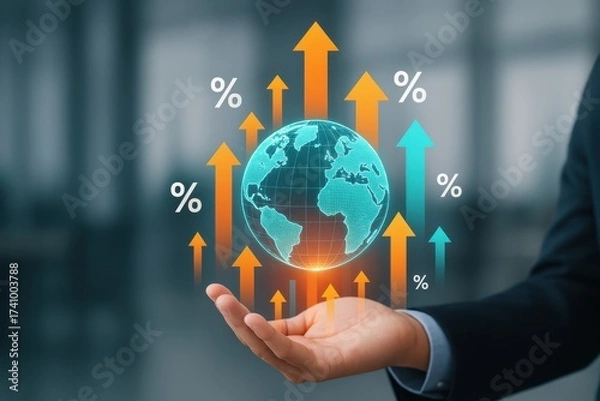 Fototapeta Digital Globe with Growth Arrows and Percent Symbols Representing Global Economy and Business Trends