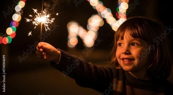 Fototapeta A young girl smiles while holding a lit sparkler against a dark background with colorful blurred lights.
