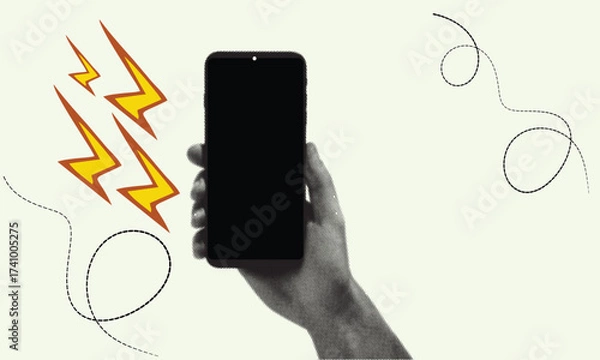 Fototapeta Minimalist hand holding smartphone with blank screen and abstract lightning energy lines symbolizing technology and power