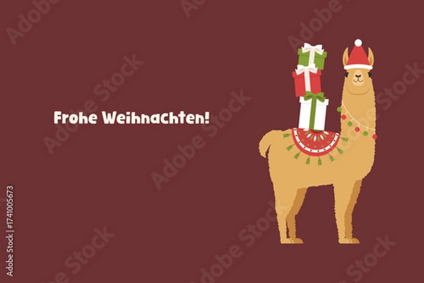 Fototapeta Cute Christmas Llama With Gifts Wearing Santa Hat, German Frohe Weihnachten Greeting Card Illustration