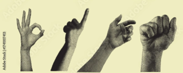 Fototapeta Collection of human hand gestures showing OK sign, pointing finger, and fist on neutral background for communication concept