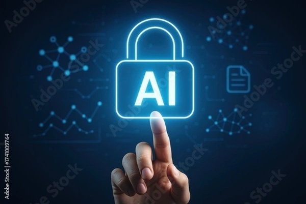 Fototapeta Digital Finger Touching Lock Symbol Representing Artificial Intelligence Security Concept on Dark Background