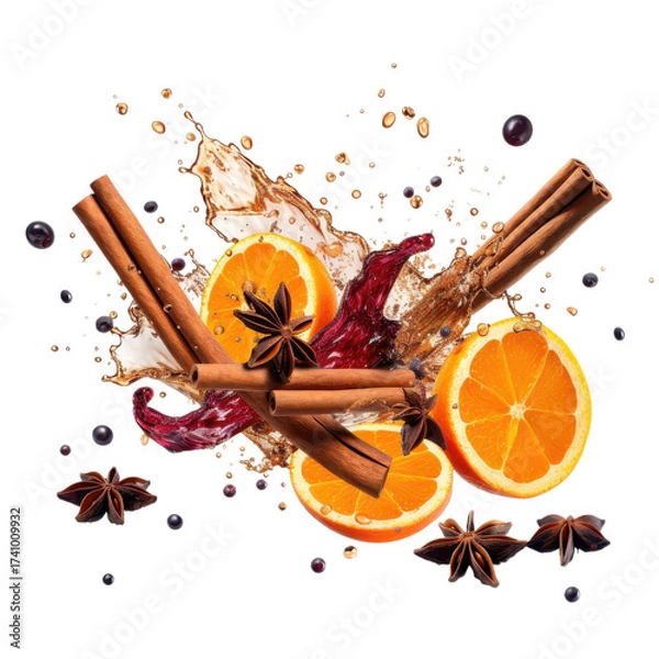 Fototapeta splashes of mulled wine and falling cinnamon dried orange isolated on transparent background.