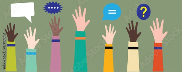 Fototapeta Diverse raised hands with colorful speech bubbles representing communication, teamwork, learning, and participation concept illustration