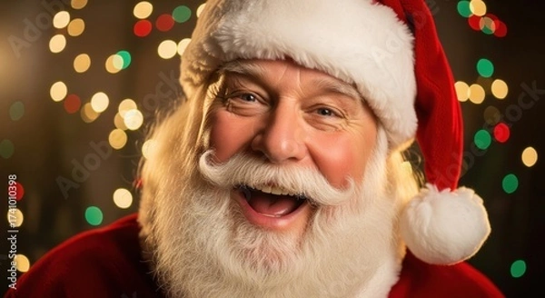 Fototapeta Jolly Santa Claus with a Bright Smile Against Colorful Lights Background