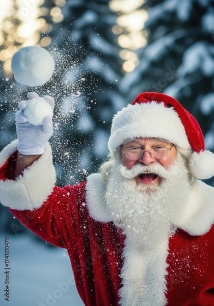 Fototapeta Jolly Santa Claus Enjoying Snowball Fight in Winter Wonderland Setting