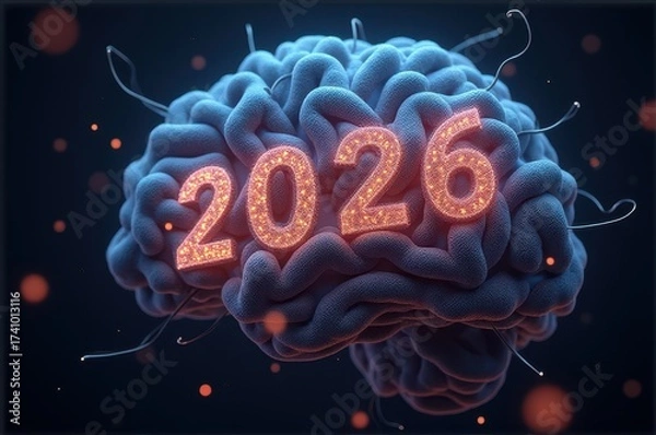 Fototapeta futuristic brain with glowing number 2026 on dark background. concept of artificial intelligence, neuroscience, and future technology. new year celebration.