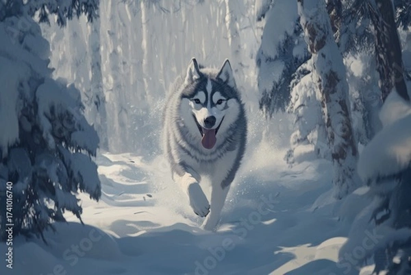 Fototapeta Energetic husky running through snowy winter forest scene