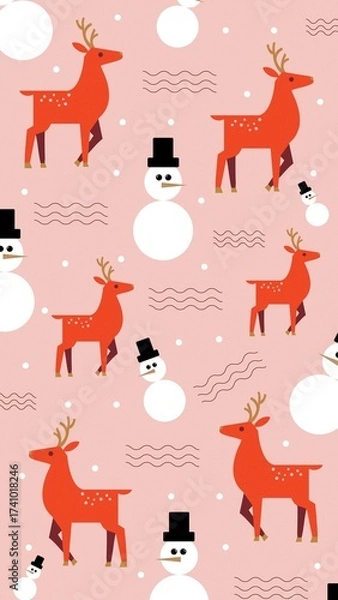 Fototapeta Seamless Christmas Pattern with Deer and Snowman