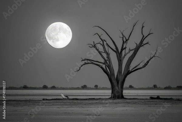 Obraz Gray Scale Desert Landscape Under Full Moon