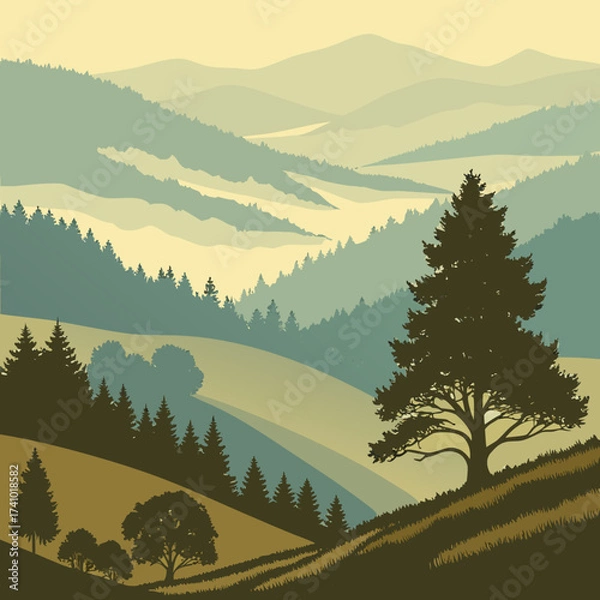 Obraz Serene rolling hills and distant misty mountains under a soft hazy sky with silhouetted evergreen trees and a large oak