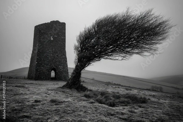 Obraz Windswept Tree And Ruin Landscape