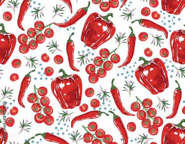 Fototapeta Trendy hand drawn vegetables sketch. Vintage seamless pattern vector with fresh pick vegetables from farm