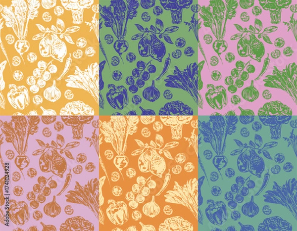 Fototapeta Trendy hand drawn vegetables sketch. Vintage seamless pattern vector with fresh pick vegetables from farm