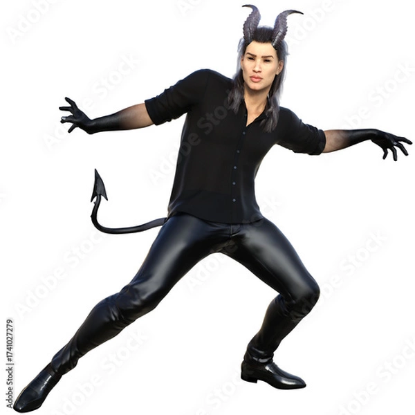 Fototapeta 3D rendered fantasy handsome male character as a Devil with dark horns and urban clothes isolated on transparent background