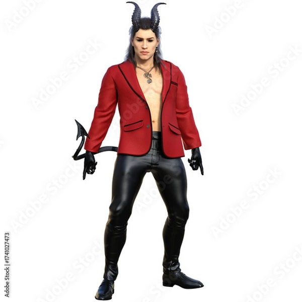 Fototapeta 3D rendered fantasy handsome male character as a Devil with dark horns and urban clothes isolated on transparent background