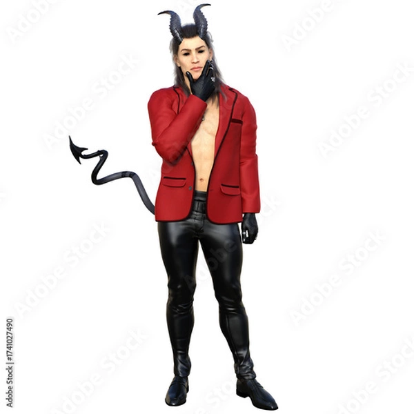 Fototapeta 3D rendered fantasy handsome male character as a Devil with dark horns and urban clothes isolated on transparent background