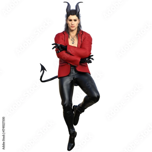 Fototapeta 3D rendered fantasy handsome male character as a Devil with dark horns and urban clothes isolated on transparent background