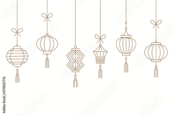 Fototapeta Asian decorations and chinese lanterns with line style for celebrations. Asian decorations and chinese lanterns in line art for invitations or banners. Minimal outline set by hand.
