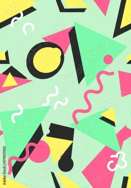 Fototapeta seamless memphis design pattern with bold geometric shapes. retro 80s abstract background with triangles and squiggles in vibrant pastel colors. textile, print.
