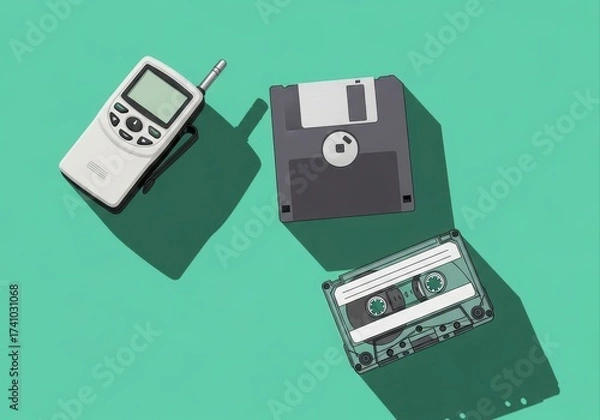 Fototapeta collection of 90s retro technology. pager, floppy disk, and cassette tape in flat lay on mint green background. nostalgia concept. web banner, blog post.