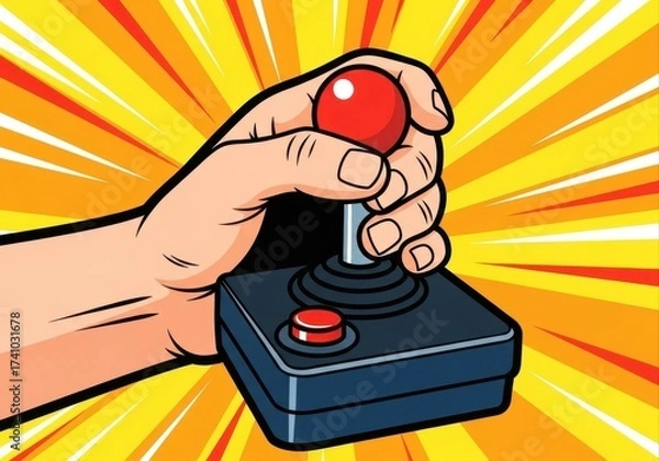 Fototapeta hand holding retro joystick in pop art illustration style. dynamic background evokes action and nostalgia for classic video games. gaming concept.
