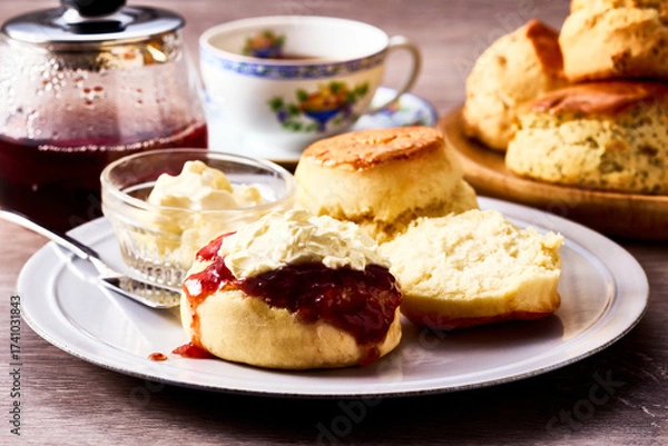 Obraz 紅茶とともに楽しむアフタヌーンティーのスコーン。クロテッドクリームとジャムを添えて味わう伝統的な英国風ティータイムの一場面。ティーポットやカップと共に並べられたスコーンは、洋菓子、デザート、カフェ、休日のひとときを表現する素材写真として利用可能。