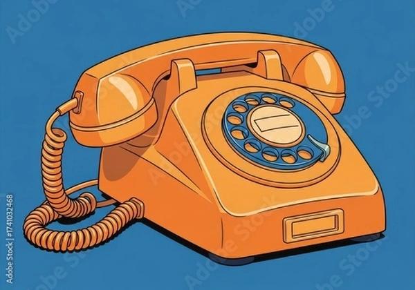 Fototapeta vibrant pop art illustration of retro orange rotary phone on blue background. classic vintage telephone with dial. nostalgia and communication concept.