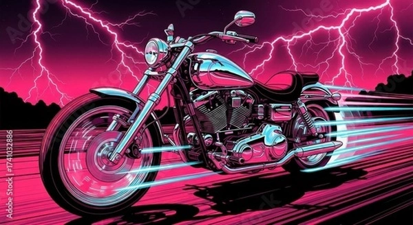Fototapeta chrome motorcycle speeds through stormy night with pink lightning. bold graphic illustration in retro 80s style with vibrant neon color scheme. speed and power concept. poster, cover art, event design