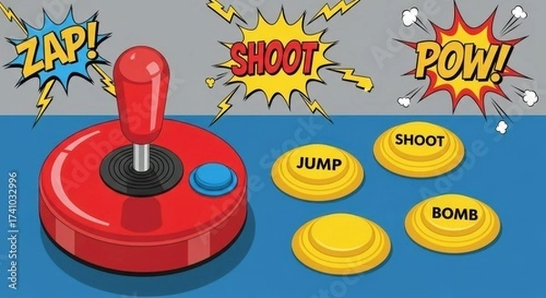 Fototapeta vintage arcade joystick and buttons illustrated in pop art, comic book style. retro gaming concept with sound effects like 'pow!'. website banner, poster.