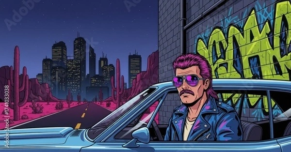 Fototapeta pop art illustration of man with mullet and mustache in retro car. 80s synthwave aesthetic with neon city, desert road, and graffiti. night drive concept. poster, cover.