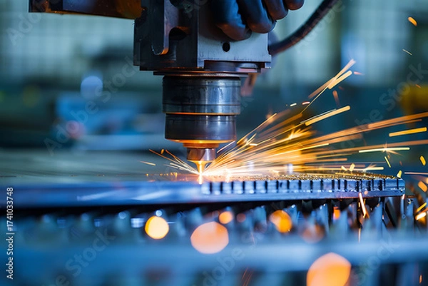 Fototapeta レーザー切断を行う工業用マシンのクローズアップ