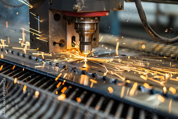 Fototapeta レーザー加工機で金属板を切断する工場内の作業工程