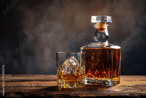 Fototapeta 高級感あるウイスキーボトルと氷入りグラスの構図