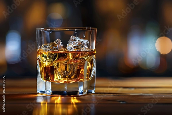 Fototapeta 氷と琥珀色のウイスキーが輝くグラス