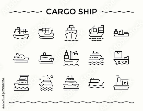 Fototapeta Cargo Ship icon set. Minimalist linear icons. Contains outline symbols like automobile, transport, vehicle, car, logistic. Pixel perfect. Editable vector. Shipping icon set.