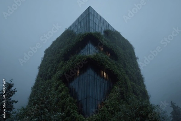 Fototapeta Modern building covered in greenery on a foggy evening in an urban environment showcasing sustainable architecture