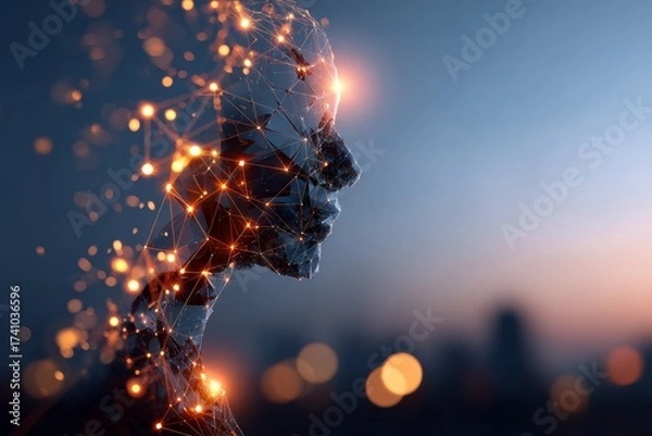 Fototapeta Artificial intelligence concept showing a digital silhouette of a human head against a blurred urban background at dusk