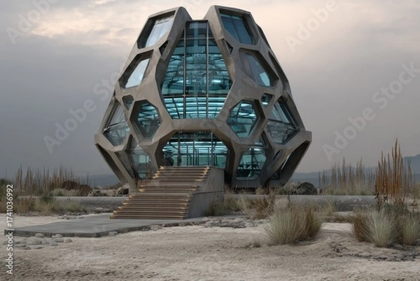 Fototapeta Unique geometric building sits on a sandy landscape under an overcast sky near a body of water during the early evening hours