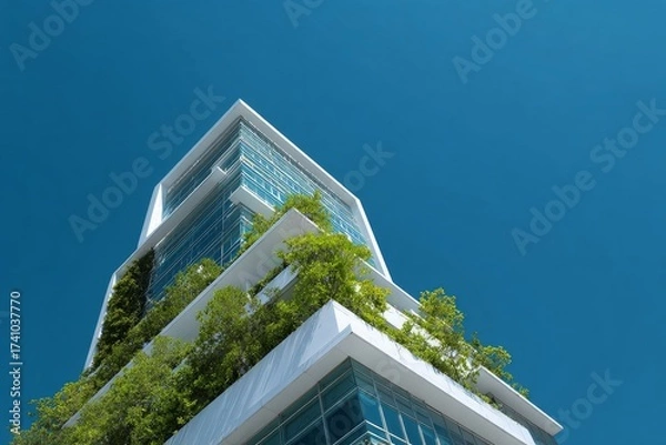 Fototapeta Modern architectural design of a green building against a clear blue sky in a vibrant urban setting