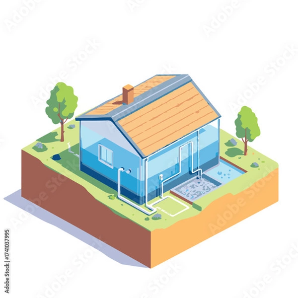 Fototapeta vector isometric house with rain conservation 