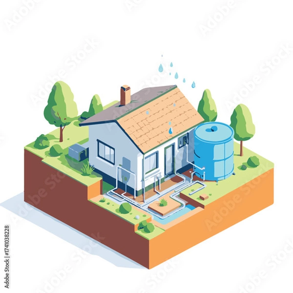 Fototapeta isometric view of a residential building with rain conservation 
