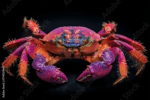 Fototapeta Brightly colored crab showcases vibrant hues and intricate details against a dark background in a close-up view