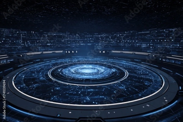 Fototapeta High-tech digital landscape with swirling data patterns and futuristic ambiance in dark blue tones