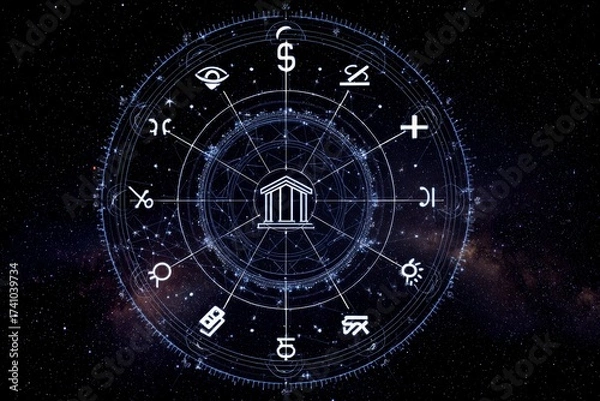 Fototapeta Astrological wheel design featuring various symbols against a cosmic background