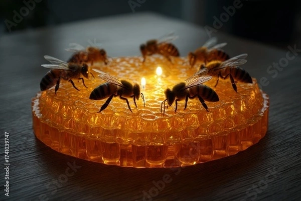 Fototapeta Bees gather around glowing honeycomb during evening light in a tranquil setting