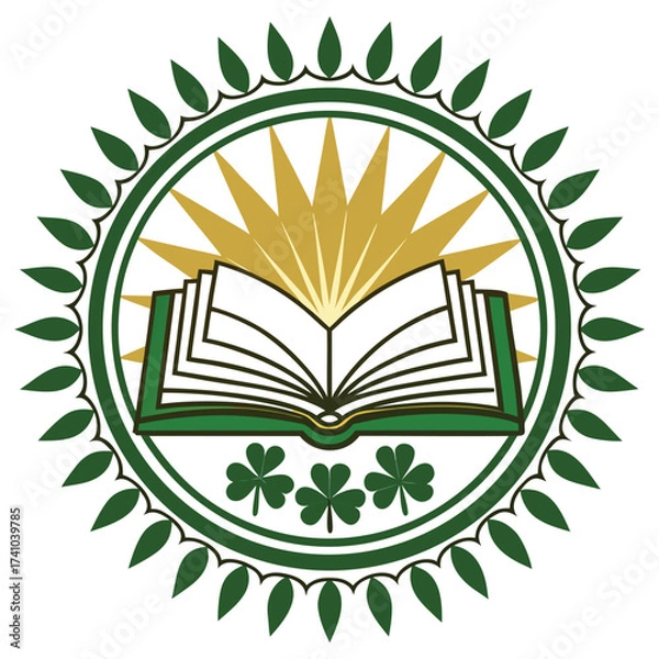 Fototapeta Open Book Education Logo with Sunburst and Shamrocks
