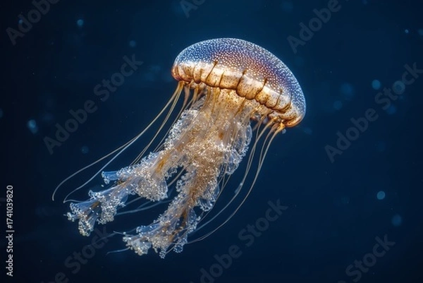 Fototapeta Jellyfish gracefully swimming through deep blue ocean waters showcasing its delicate tentacles and bioluminescent features